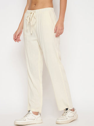 Madame Solid Rayon Blend Cream Straight Trousers