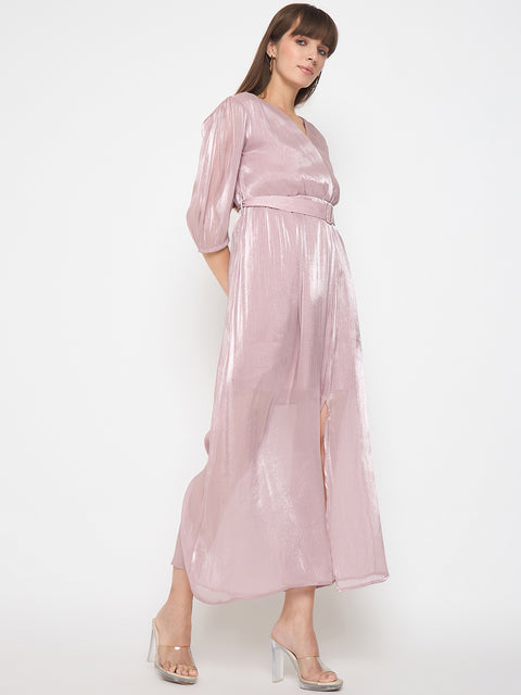 Madame Wrinkled Lurex Self Design Belted Pink Maxi Dress