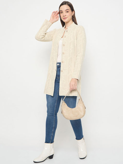 Madame Abstract Print Long Beige Cardigan