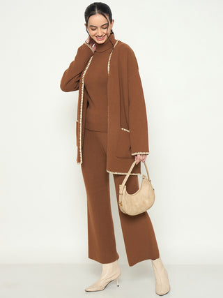 Madame Three Piece Solid Brown Knit Co-ord Set