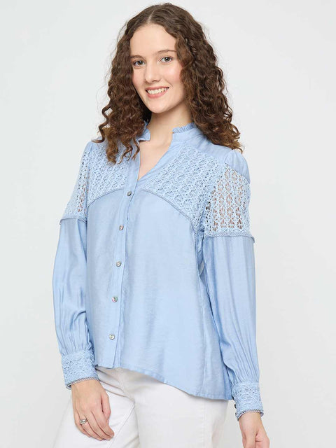Madame Lace Detailed Pleated Front Powder Blue Top