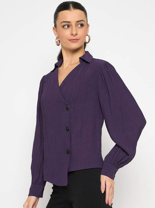 Madame Purple Asymmetrical Front Hemline Rayon Blend Shirt