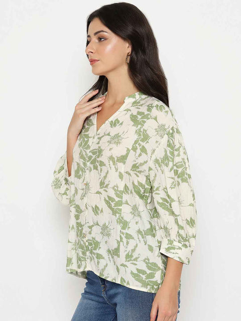 Madame Botanical Print Green Rayon Blend Top