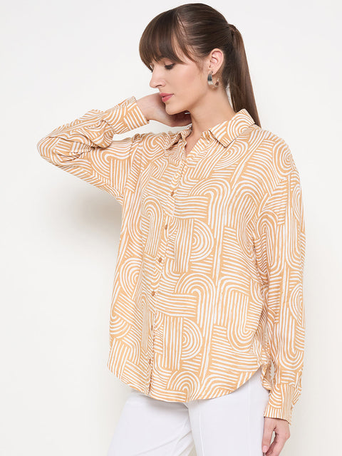Madame Abstract Print Shirt Collar Brown Shirt