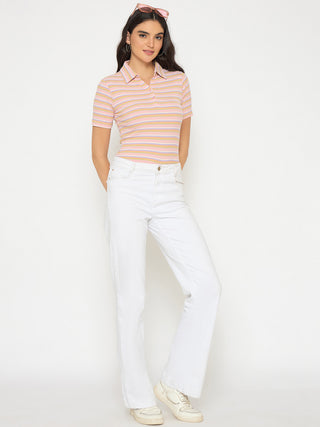 Madame Rayon Blend Striped Pink Polo T-shirt