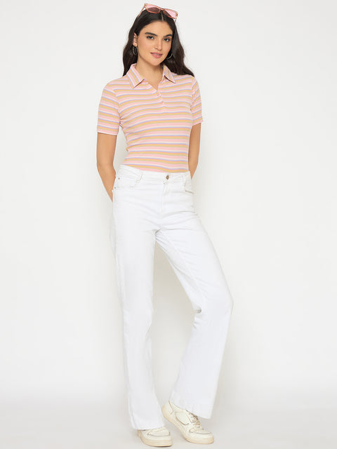 Madame Rayon Blend Striped Pink Polo T-shirt