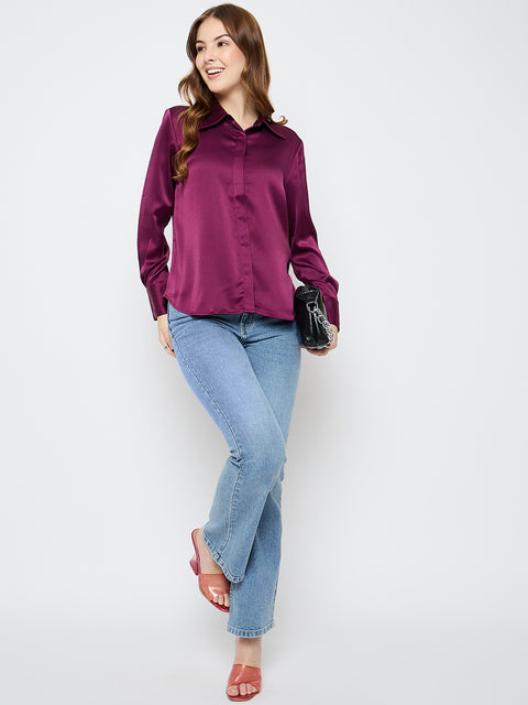 Madame Solid Plum Satin Shirt