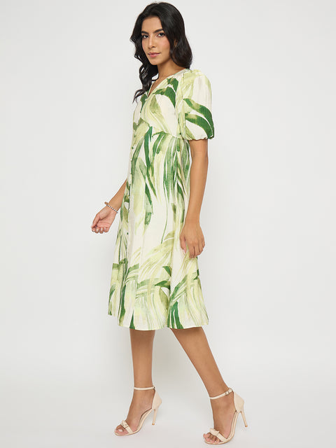 Madame Botanical Print Lace Insertion Off White Midi Dress