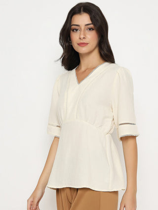 Madame V Neck Off White Peplum Top