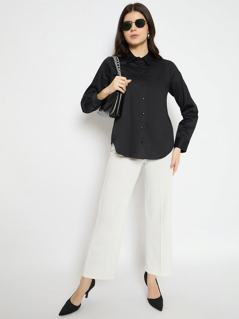 Madame Solid Black Cotton Blend Shirt