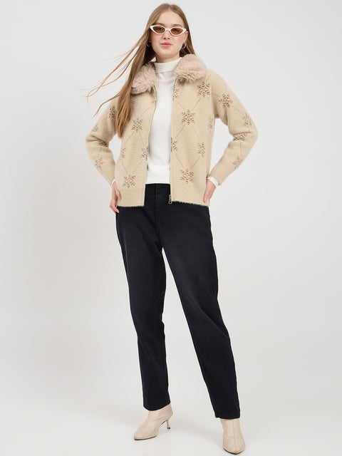 Madame Beige Printed Fur Collar Cardigan