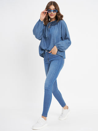 Madame Embroidered Collar Tie Neck Blue Cotton Top