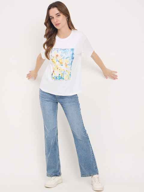 Madame White Graphic Print Cotton Round Neck T-Shirt