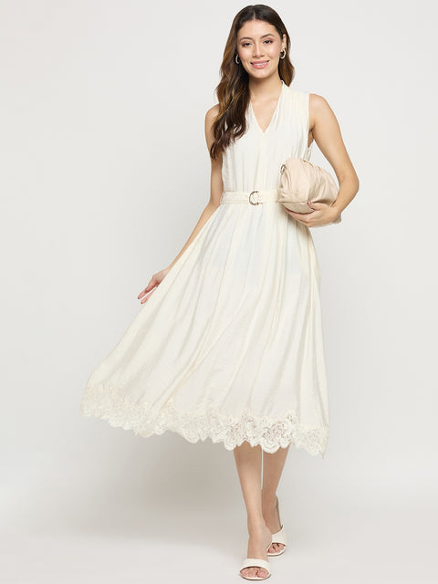 Madame Off White Viscose Mandarin Collar Midi Dress