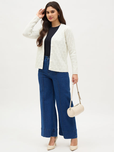 Madame White Self Design Cardigan