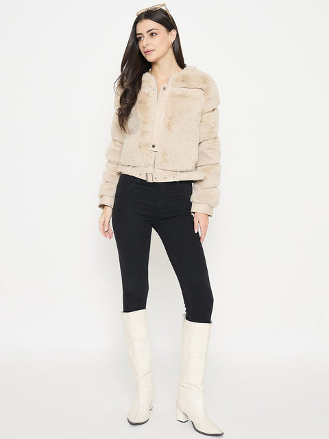 Madame Faux Fur Beige Bomber Jacket