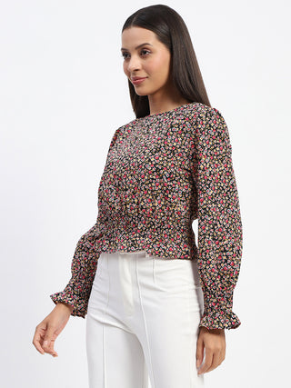 Madame Floral Print Cinch Waist Black Top