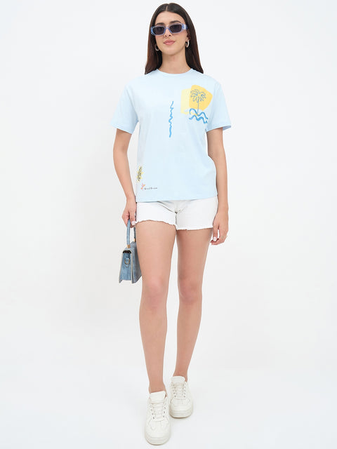 Madame Graphic Print Blue Cotton T-shirt