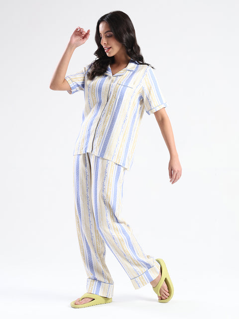 mSECRET Striped Collar Top and Bottoms Yellow Nightsuit