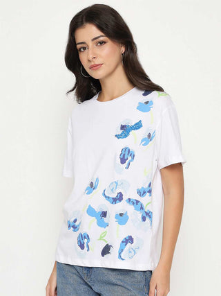 Madame Abstract Print Half Sleeve White Cotton T-shirt