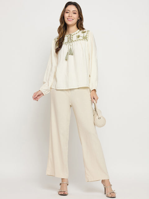 Madame Beige Rayon Linen Straight Fit Ankle Trousers