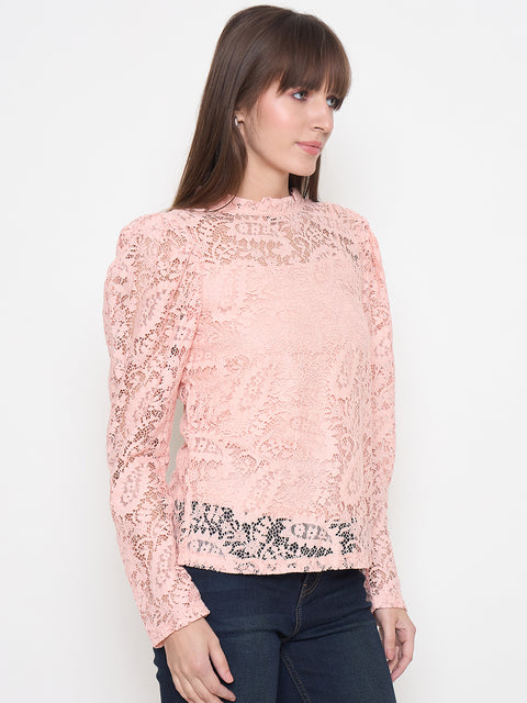 Madame Laced Self Design Puff Sleeve Peach Top
