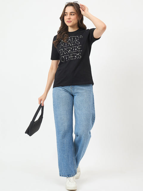Madame Black Printed Cotton Half-Sleeve T-Shirt