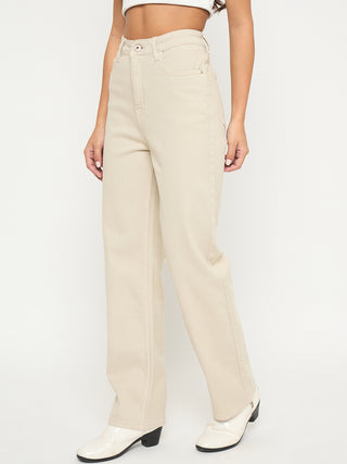 Madame Straight Fit Cotton Blend Solid Beige Jeans