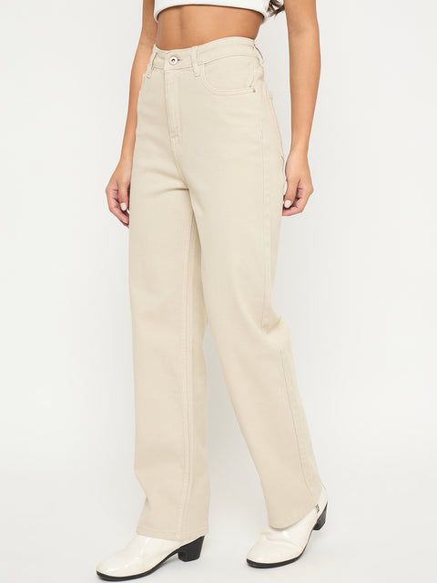 Madame Straight Fit Cotton Blend Solid Beige Jeans