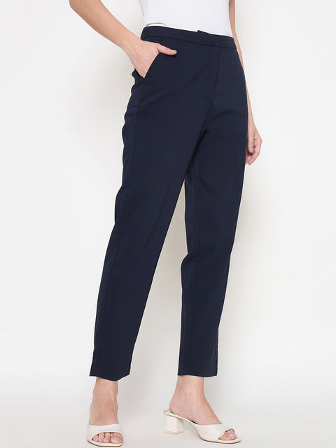 Madame Alex Waist Belt Detail Solid Navy Blue Trousers