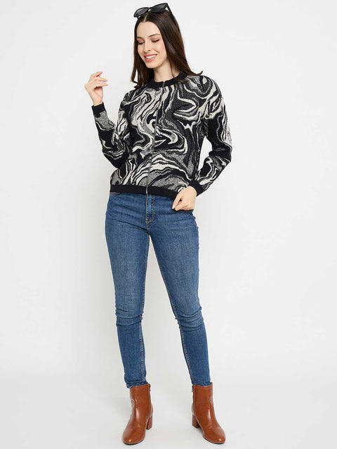 Madame Abstract Print Zip Up Black Sweater