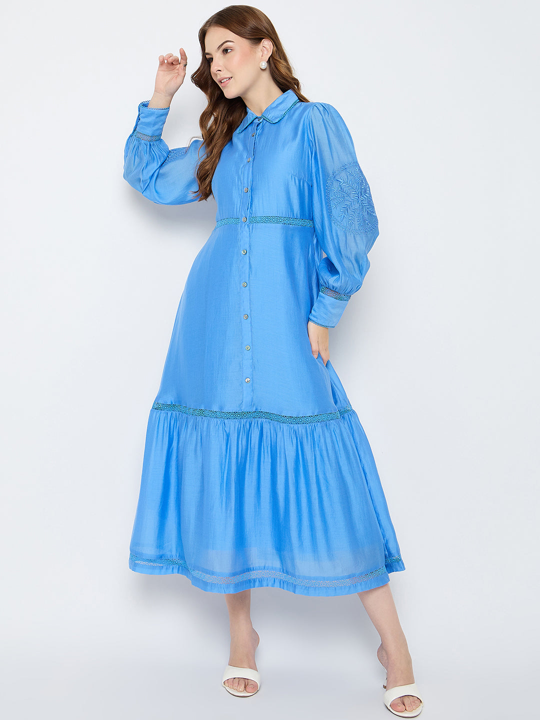Madame Tiered Cornflower Blue Shirt Dress Madame Tiered Cornflower Blue Shirt Dress