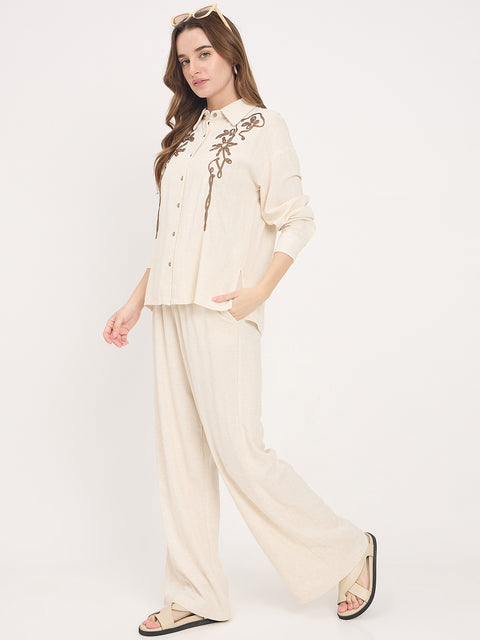 Madame Beige Embroidered Rayon Linen Full Sleeve Shirt