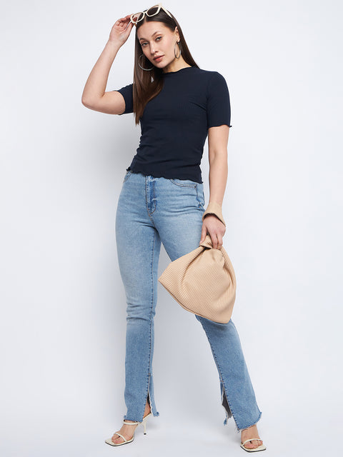Madame Solid Navy Blue Lettuce Hem Top