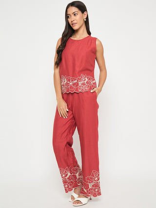 Madame Floral Embroidered Hem Top and Bottom Rust Red Co-ord Set