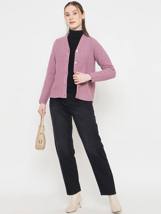 Madame V-Neck Pink Cardigan with  Buttons