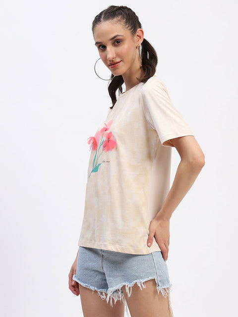 Madame Graphic Printed Crew Neck Cotton Beige T-shirt