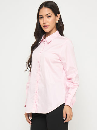 Madame Buttoned Front Solid Cotton Blend Baby Pink Shirt