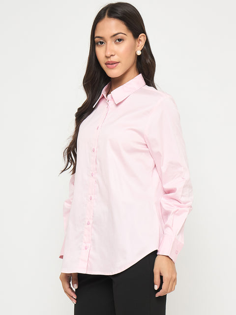 Madame Buttoned Front Solid Cotton Blend Baby Pink Shirt