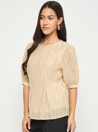 Madame Textured Embellished Tencel Blend Beige Top
