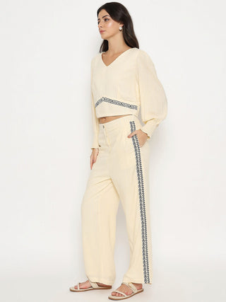 Madame Embroidered Top and Bottom Textured Beige Co-ord Set