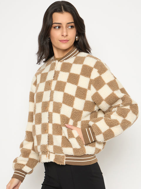 Madame Chequered Zipped Brown Bomber Jacket