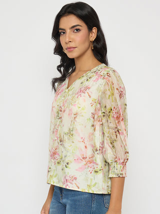 Madame Floral Print Ruffle Detail Cotton Green Peplum Top