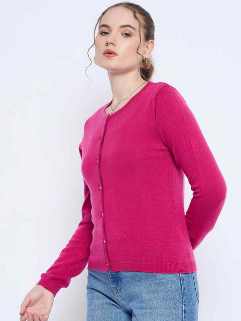Madame Crew Neck Button Down Fuschia Cardigan