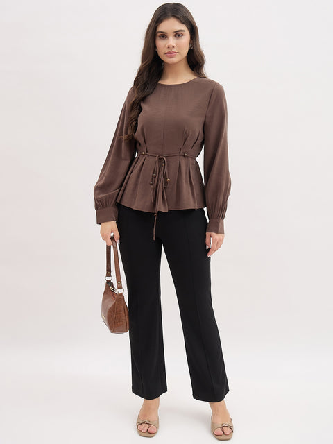 Madame Brown Cinched Waist Rayon Blend Top