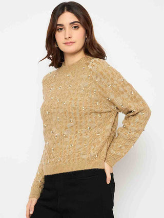 Madame Cable Knit Pearl Embellished Brown Sweater