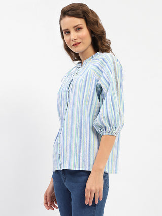 Madame Striped Sky Blue Raglan Sleeve Shirt