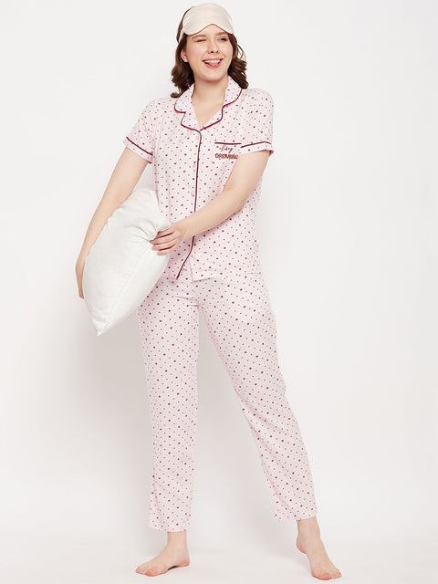 mSECRET Pink Star Printed Lapel Collared Nightsuit