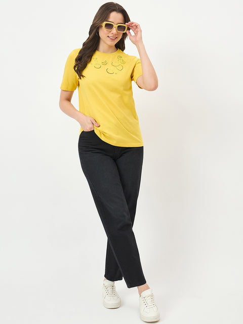 Madame Yellow Cotton Half-Sleeve T-Shirt