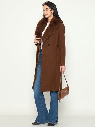 Madame Brown Long Coat with Faux Fur Shawl Collar and Belt